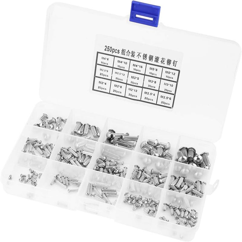 Chazcool 250pcs Solid Rivets Knurled Shanks, Stainless Steel Rivets Round Head Rivet Kit, Nuts Solid Rivets Assortment Kit Set with Storage Box, M2 / M2.5 / M3 / M4 / M5 - Image 5